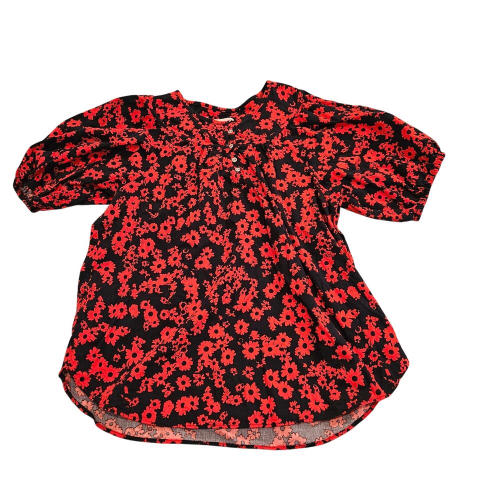 LOFT Navy Red Floral Puff Sleeve Blouse Women’s Small Peasant Boho Top